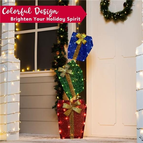 4FT Christmas 2D Stacked Gift Boxes Tinsel Yard Light 60 Pre-Lit LED Lights - Picture 4 of 8